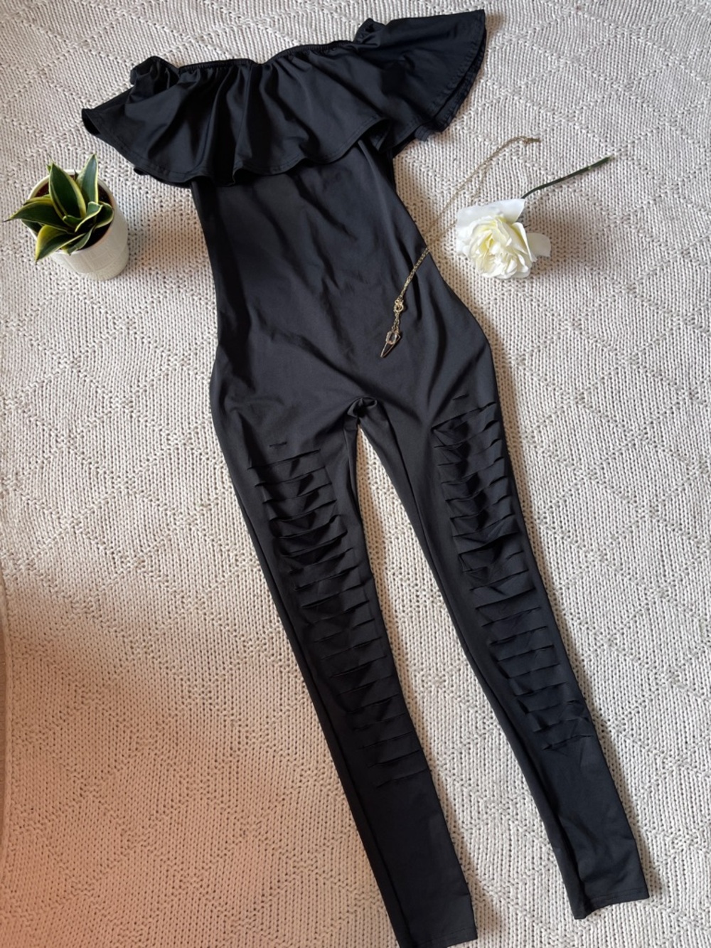 Source Unknown Black Off-Shoulder Jumpsuit with Ruffle Neckline